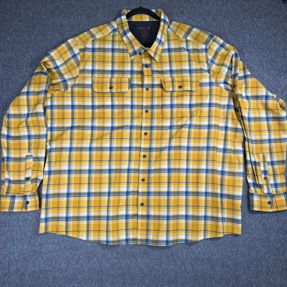Swiss Tech Button Down Shirt Mens 3XL Yellow Plaid Long Sleeve Stretch SM28Y078B